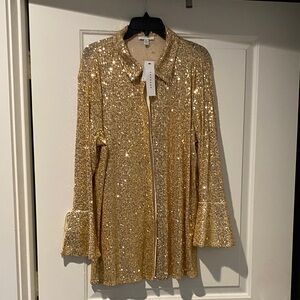 NWT designer Gold Sequin long blouse w/tie-bell - long sleeves; buttons hidden